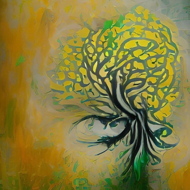 My golden-tree avatar: a dark, branching trunk beneath golden foliage, painted in green and ochre.